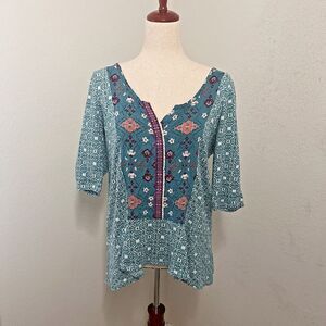 Anthropologie Akemi + Kin Womens Blue Boho Peasant Top Size Large Mixed Floral